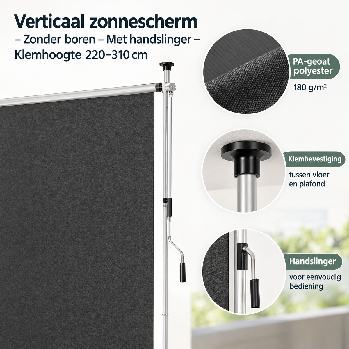 Detail van materiaal en afwerking van verticaal zonnescherm zonder boren