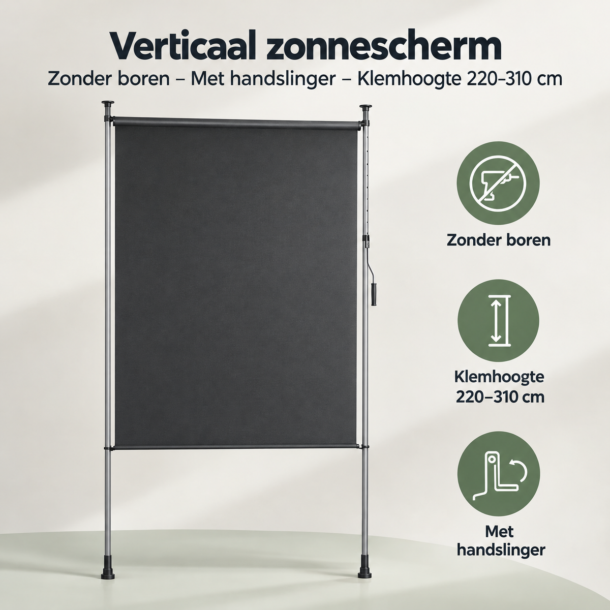 Overzicht van verticaal zonnescherm zonder boren met de belangrijkste productvoordelen