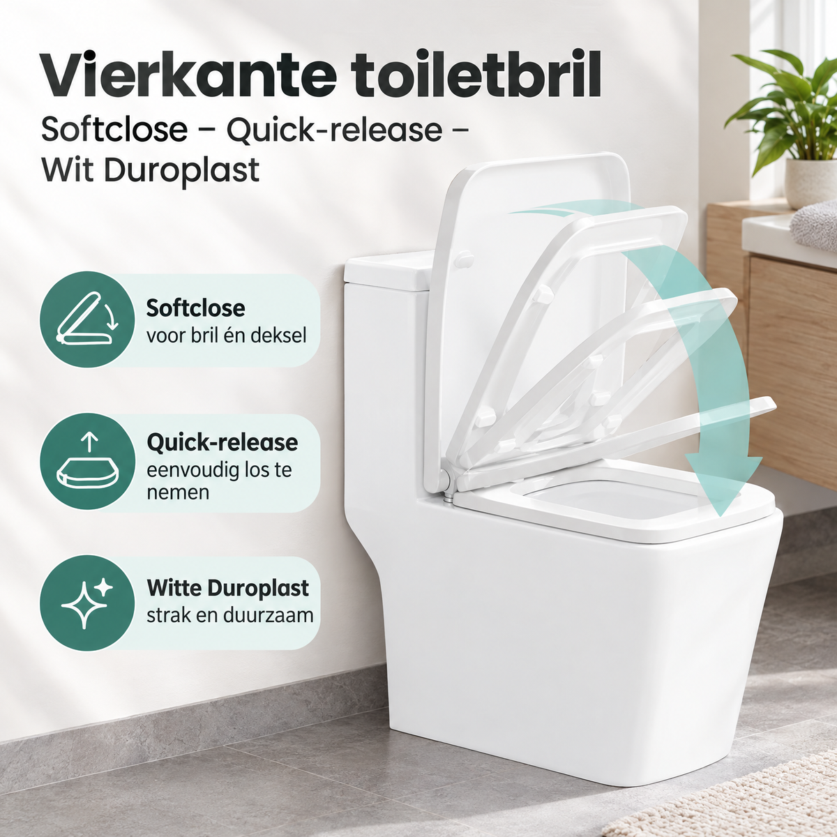 Vierkante witte toiletbril van Duroplast met softclose en quick-release van BukkitBow, praktische en comfortabele toiletaccessoire