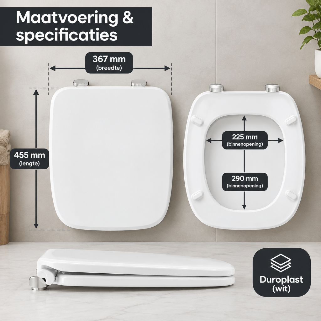 Witte vierkante toiletbril van BukkitBow met softclose en quick release, gemaakt van Duroplast, zichtbaar op de afbeelding