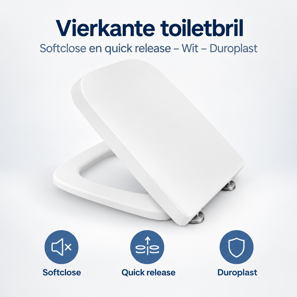 Vierkante witte toiletbril van BukkitBow met softclose en quick release, gemaakt van duurzaam Duroplast voor comfort en gemak.
