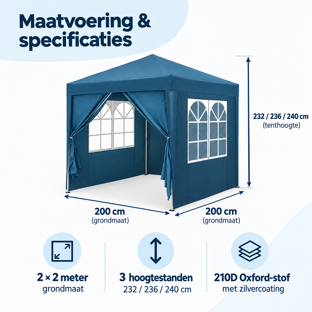 PIM Shopify visual 4/6 · Opvouwbare partytent 2x2 m – 4 afneembare zijwanden – 3 hoogtestanden – Maatvoering & specificaties