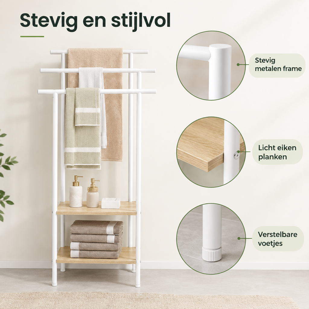 Detail van materiaal en afwerking van vrijstaand handdoekrek