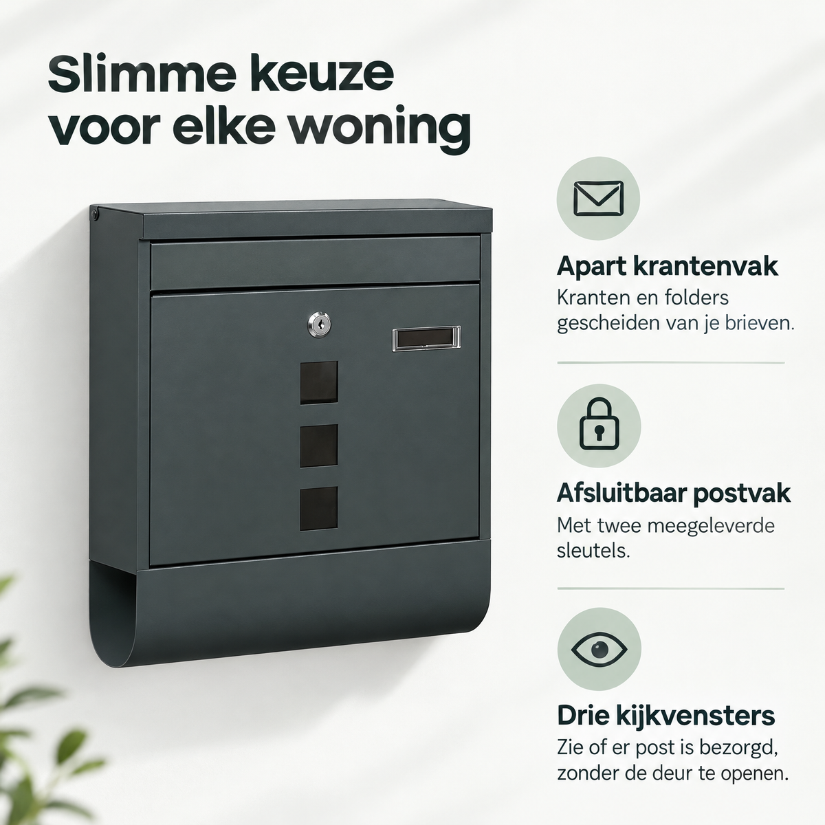 Gegalvaniseerde antraciet wandbrievenbus van BukkitBow met krantenvak en slot, ontworpen voor veilige postaflevering.