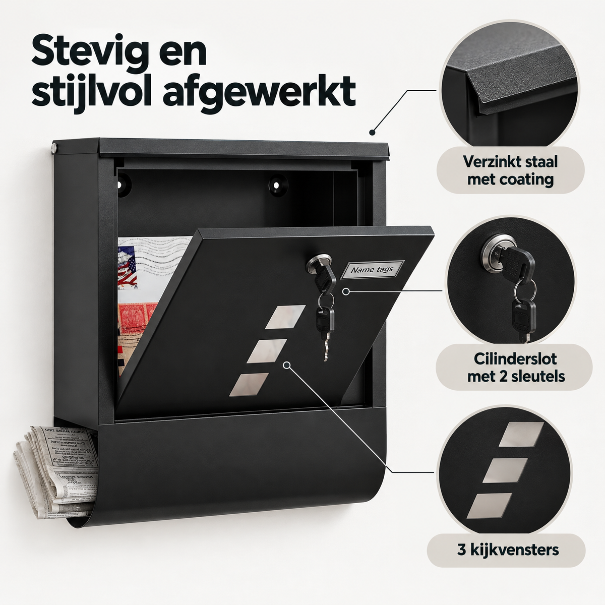 BukkitBow wandbrievenbus met krantenvak, 3 kijkvensters, naamplaatje en slot, geschikt voor gevelmontage, moderne design.