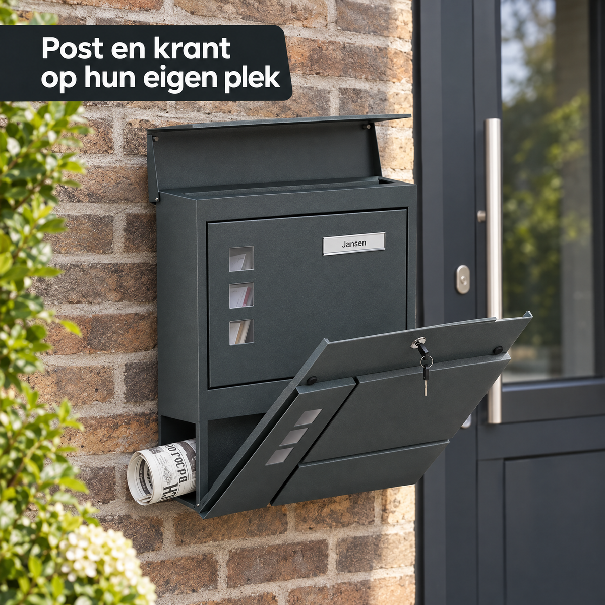 Antraciet wandbrievenbus van BukkitBow met krantenvak, afsluitbaar en voorzien van naamplaatje, geschikt voor gevelmontage.