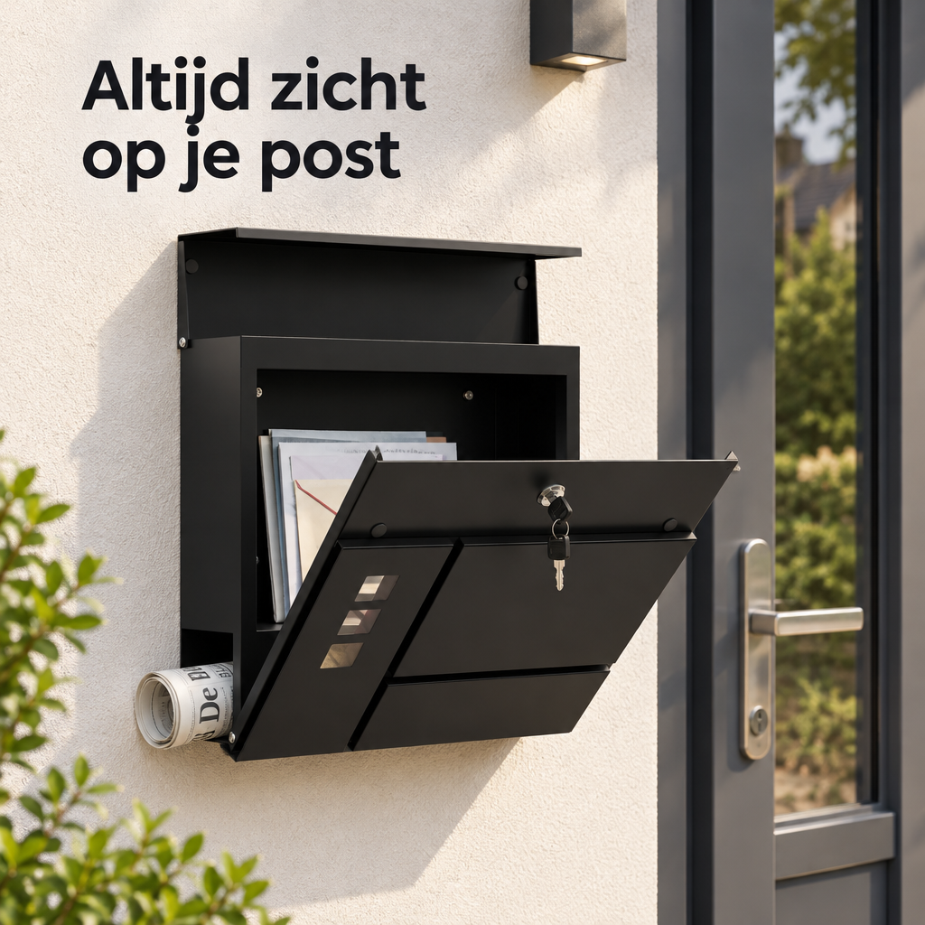Wandbrievenbus met krantenvak en 3 kijkvensters van BukkitBow, inclusief slot, geschikt voor buitengebruik.