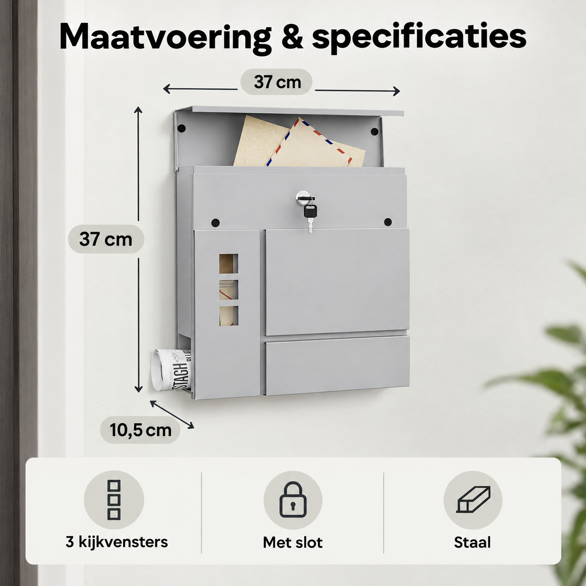 Afmetingen en productspecificaties van wandbrievenbus met krantenvak