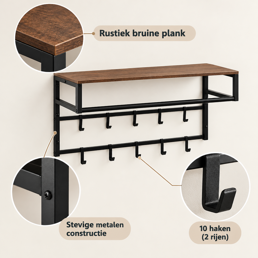 Detail van materiaal en afwerking van wandkapstok met plank