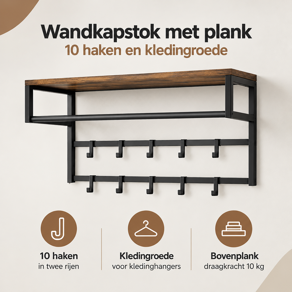 Overzicht van wandkapstok met plank met de belangrijkste productvoordelen
