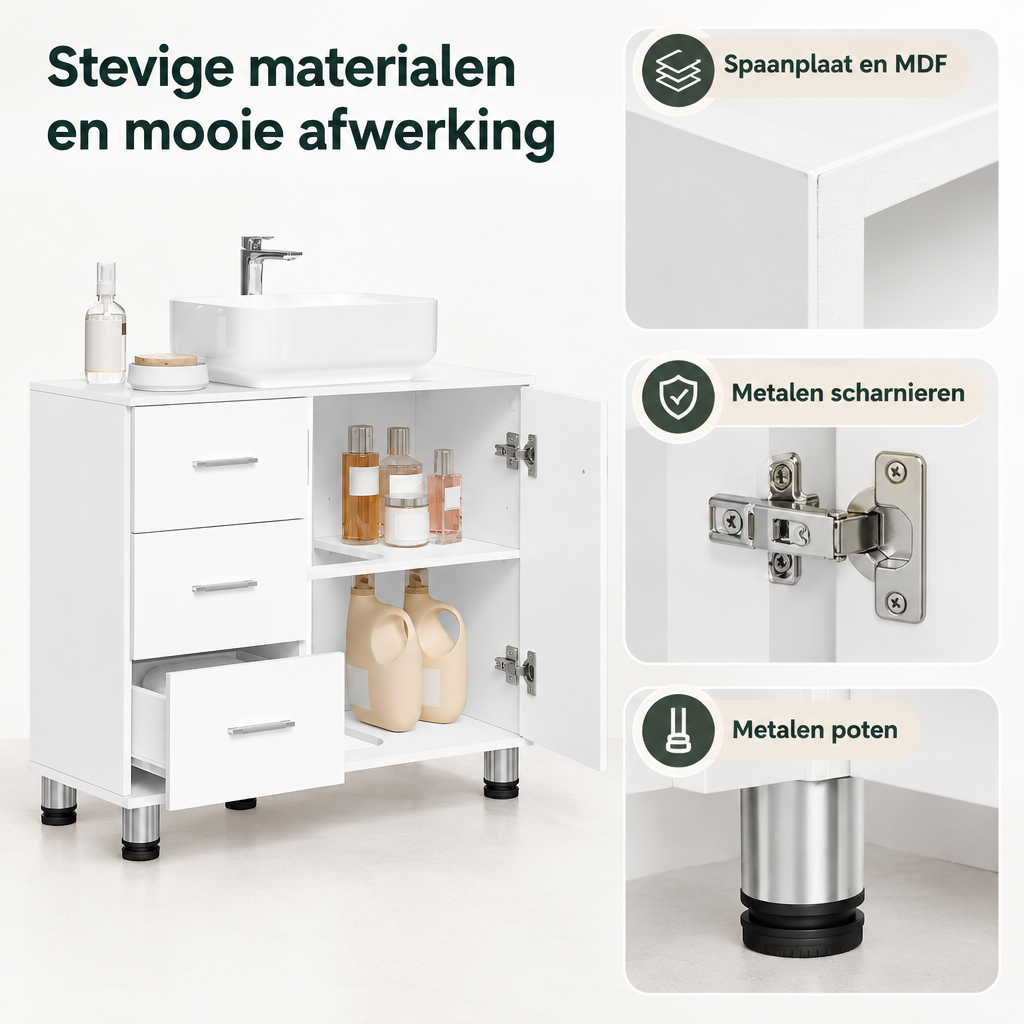 Detail van materiaal en afwerking van wastafelonderkast