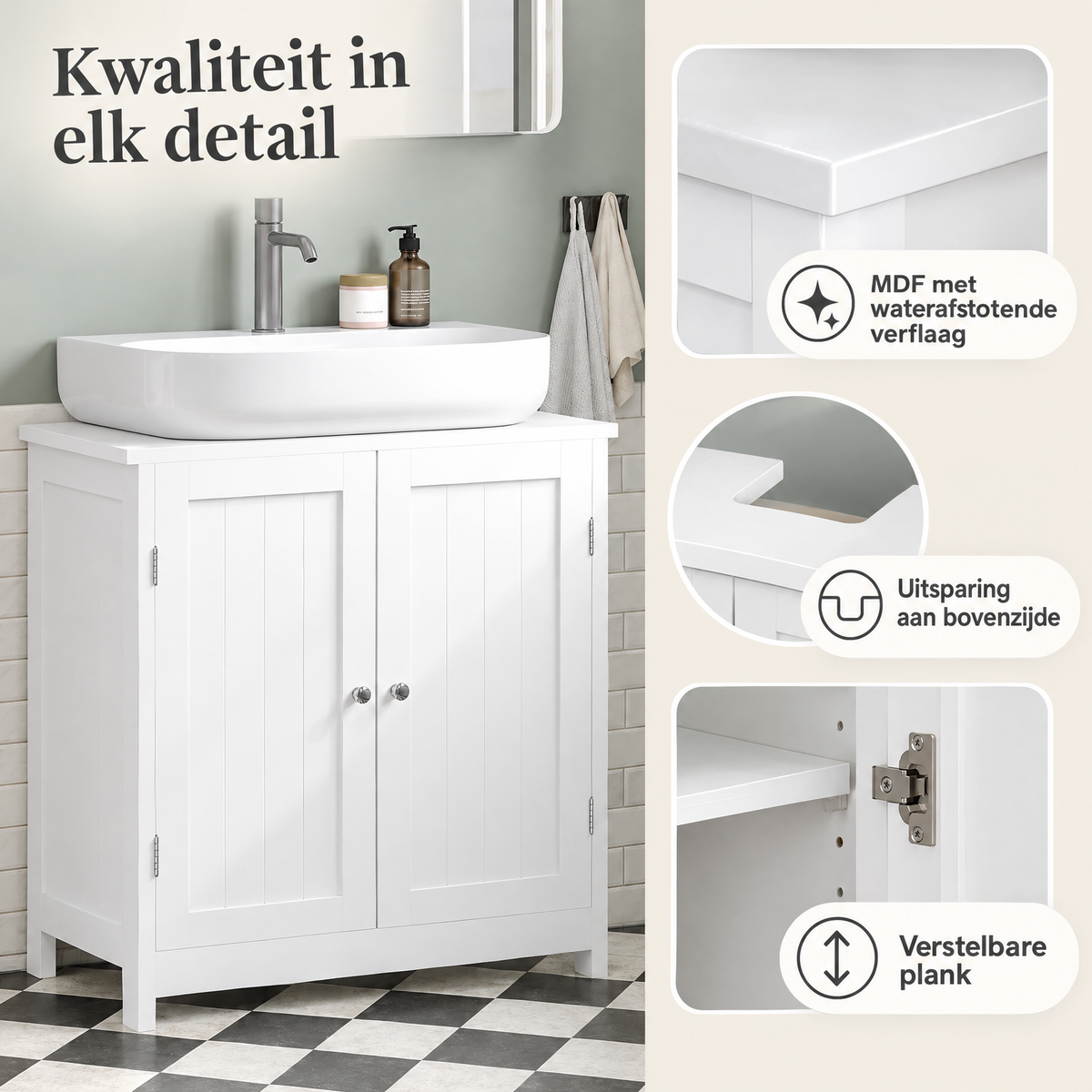 Detail van materiaal en afwerking van wastafelonderkast