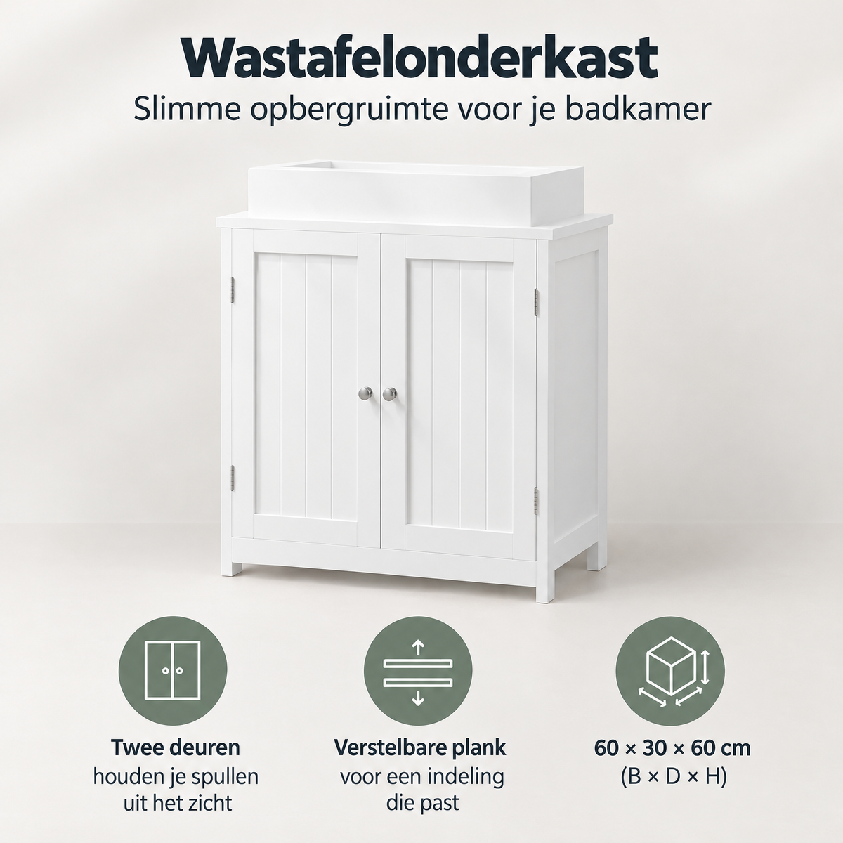 Overzicht van wastafelonderkast met de belangrijkste productvoordelen