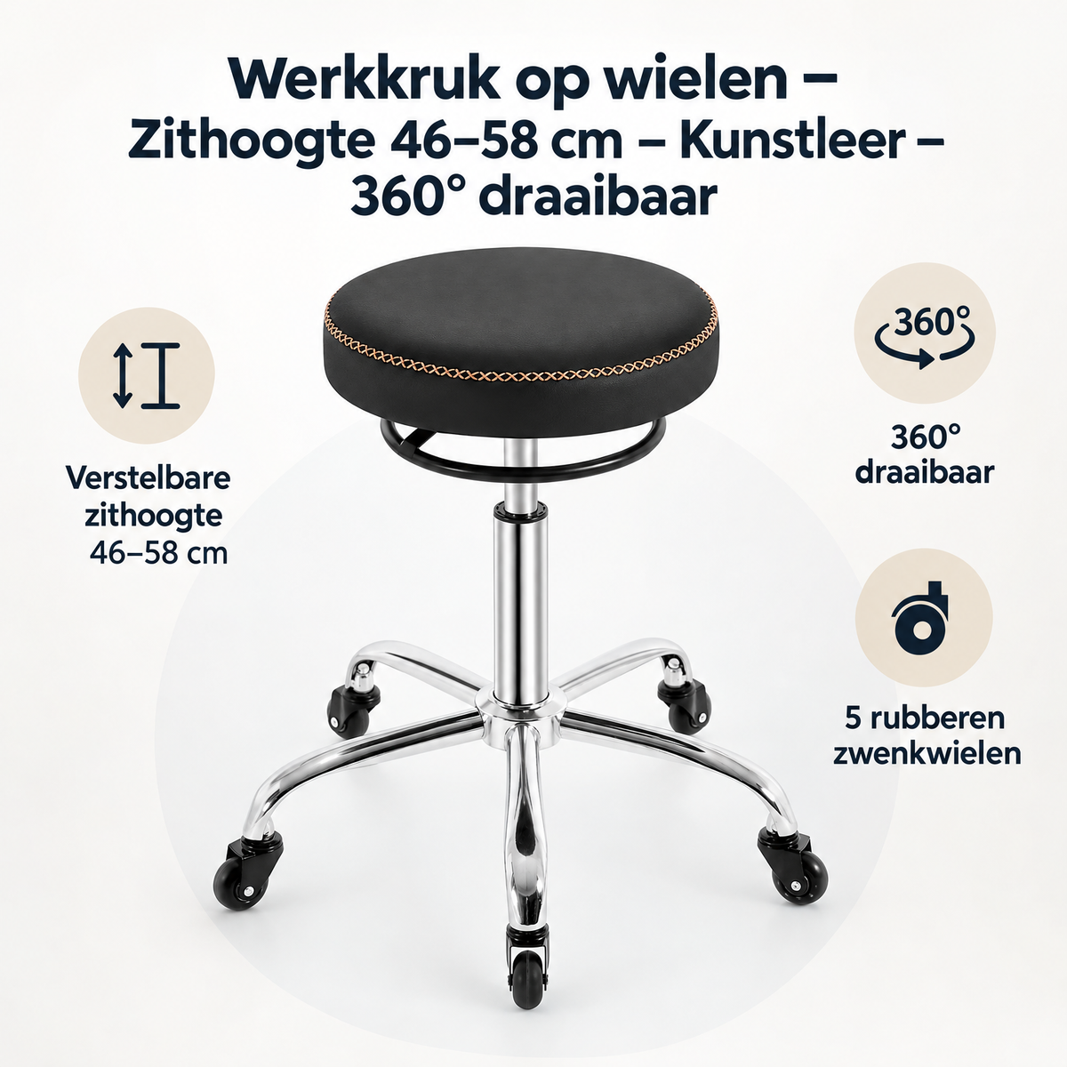 Overzicht van werkkruk op wielen met de belangrijkste productvoordelen