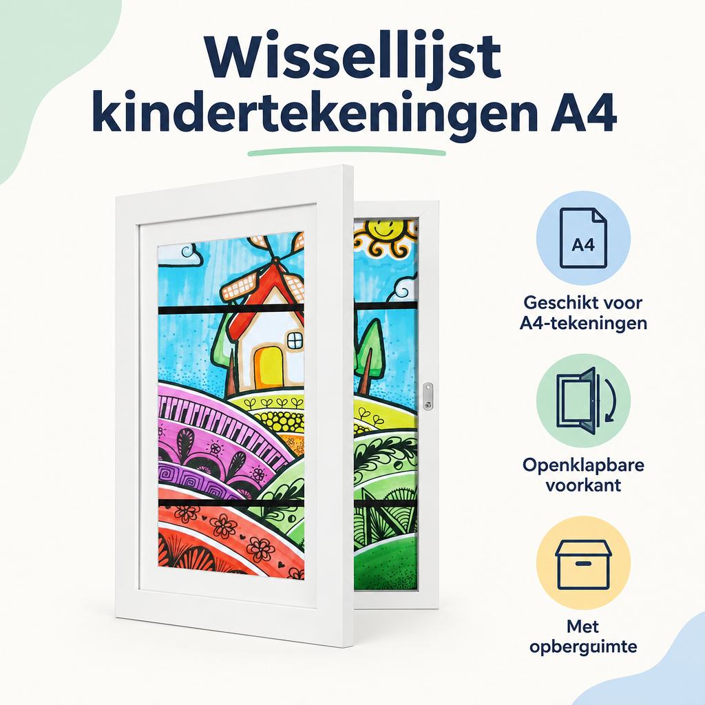 Overzicht van wissellijst kindertekeningen A4 met de belangrijkste productvoordelen