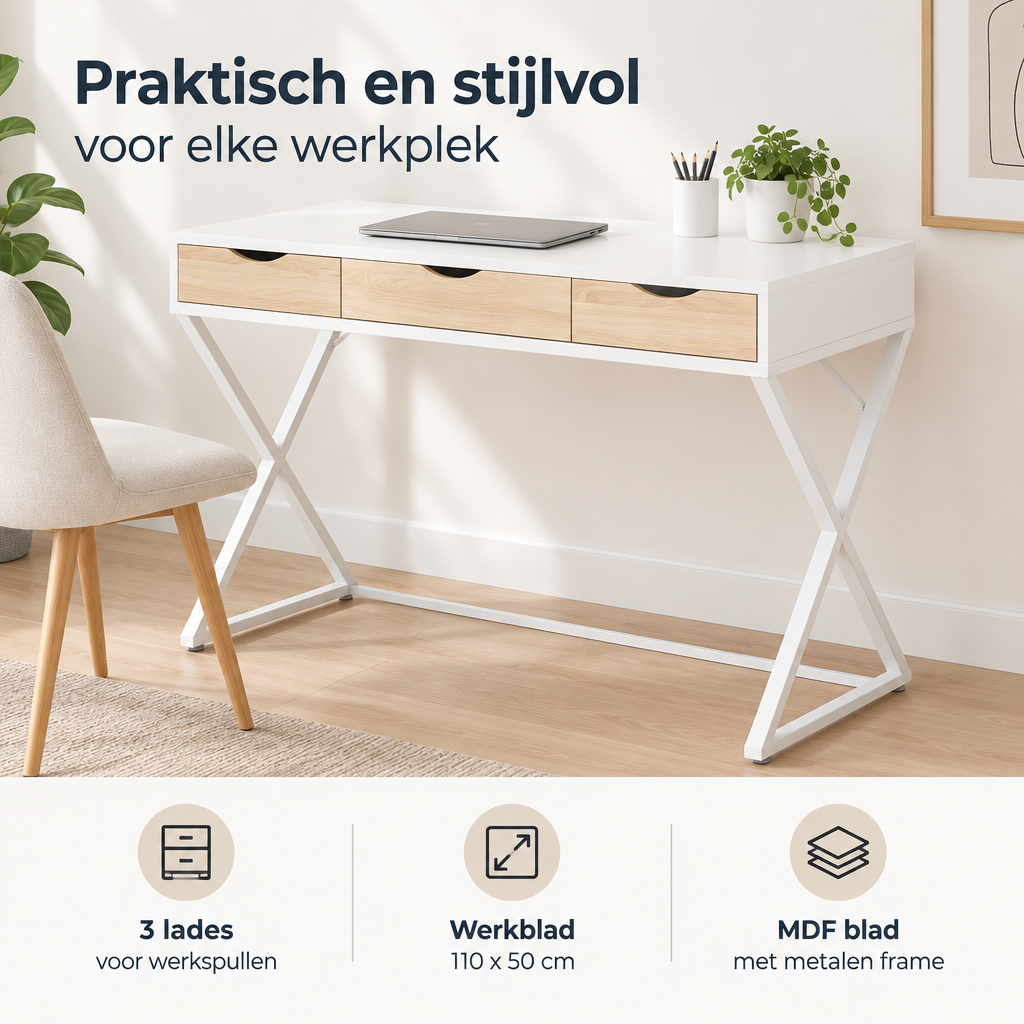 Praktische toepassing en keuzehulp voor wit bureau met lades