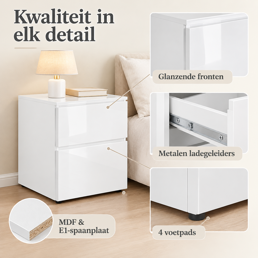 Detail van materiaal en afwerking van wit nachtkastje met lades