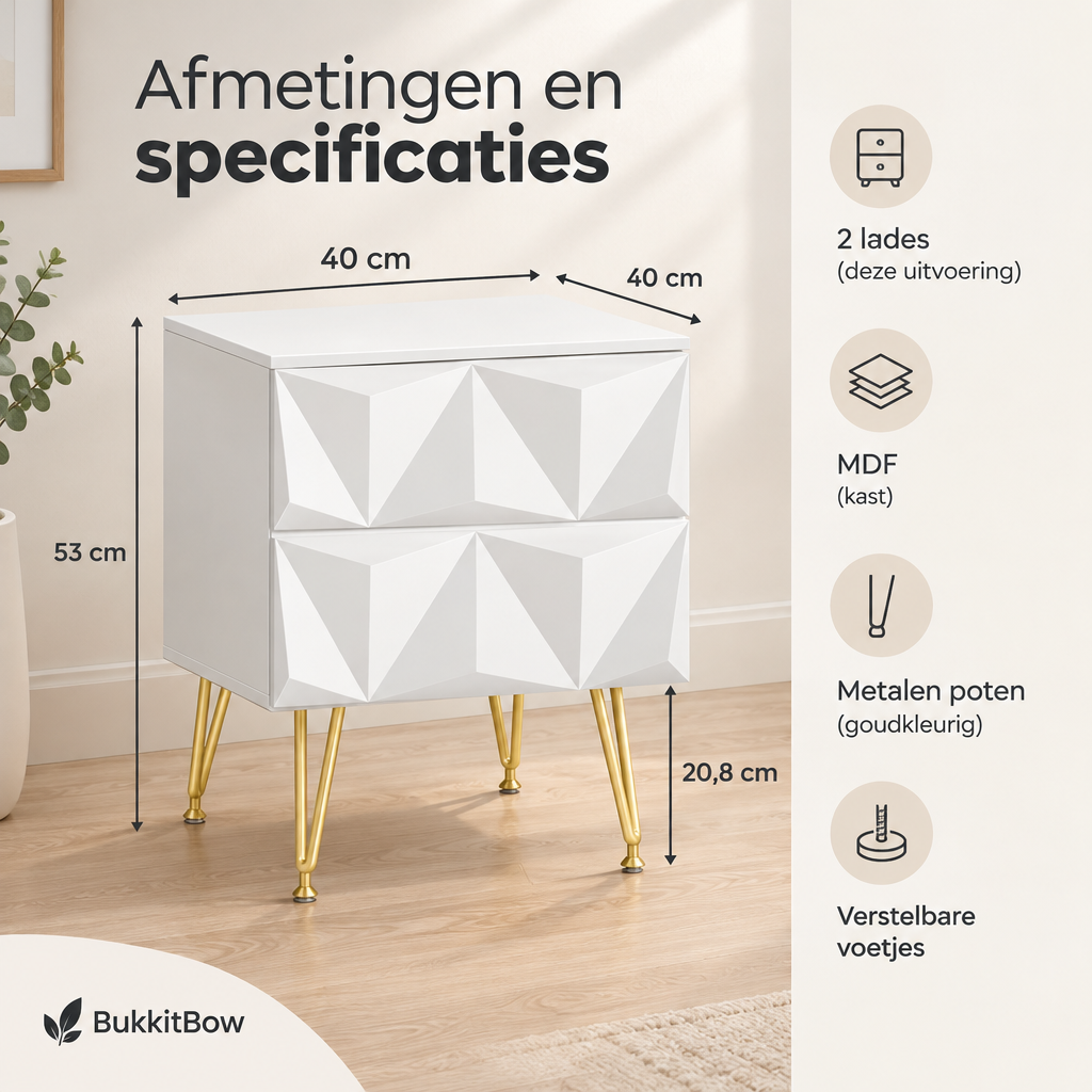 Afmetingen en productspecificaties van wit nachtkastje met lades
