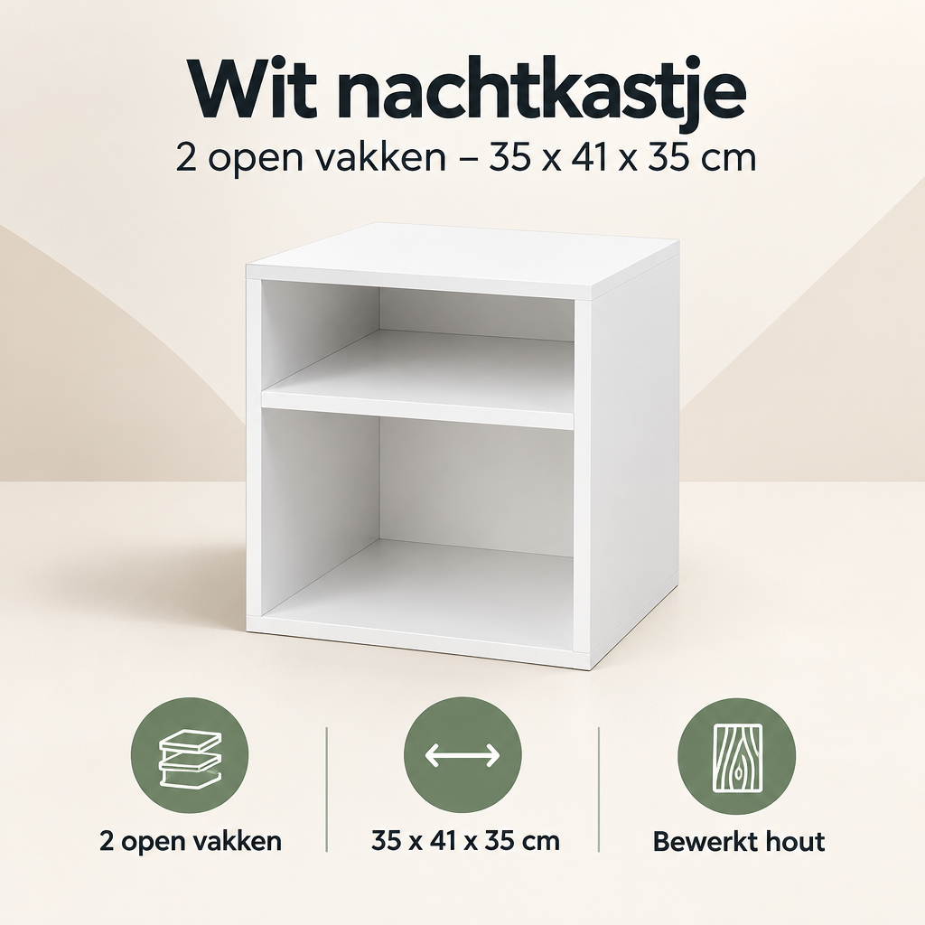 Overzicht van wit nachtkastje met de belangrijkste productvoordelen