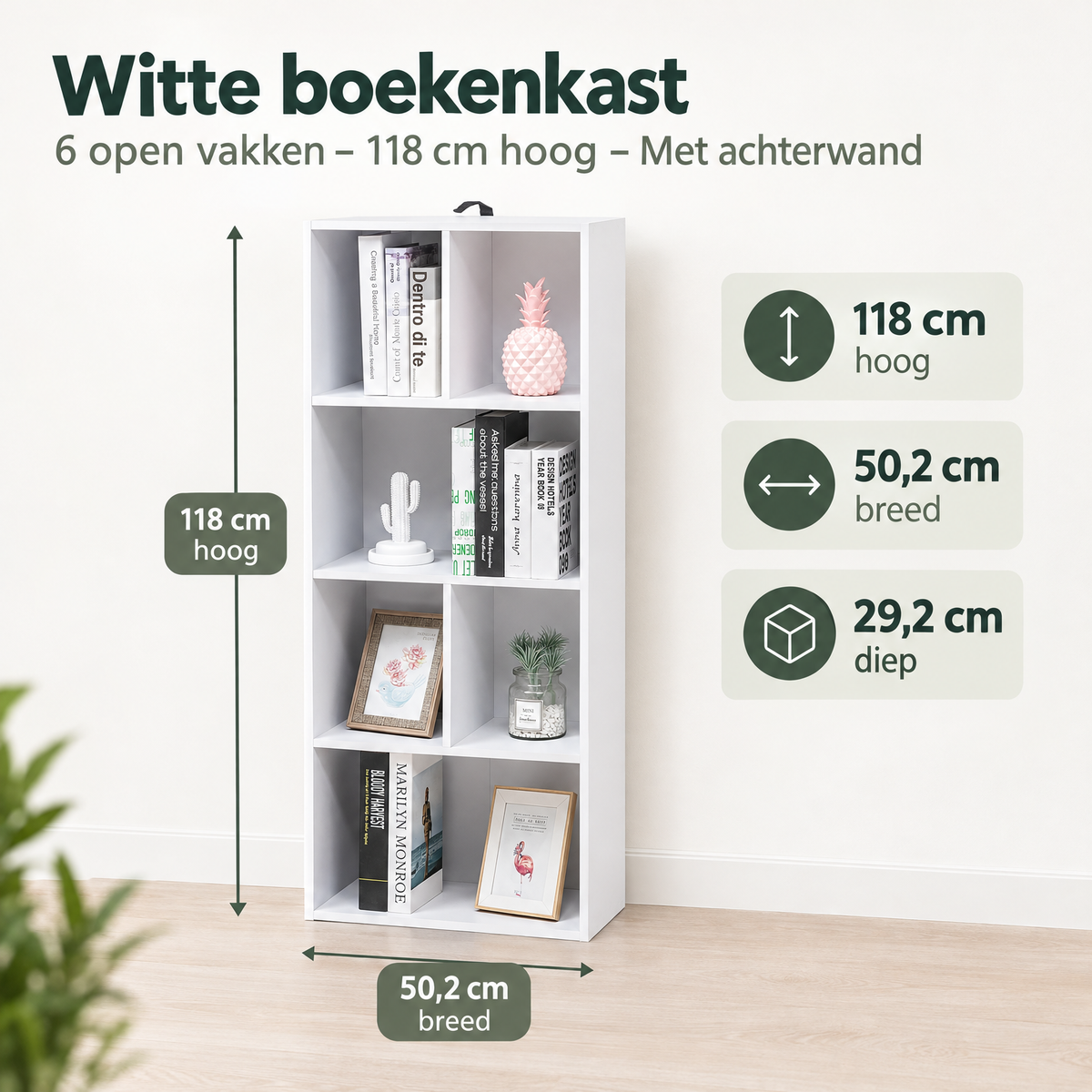Afmetingen en productspecificaties van witte boekenkast