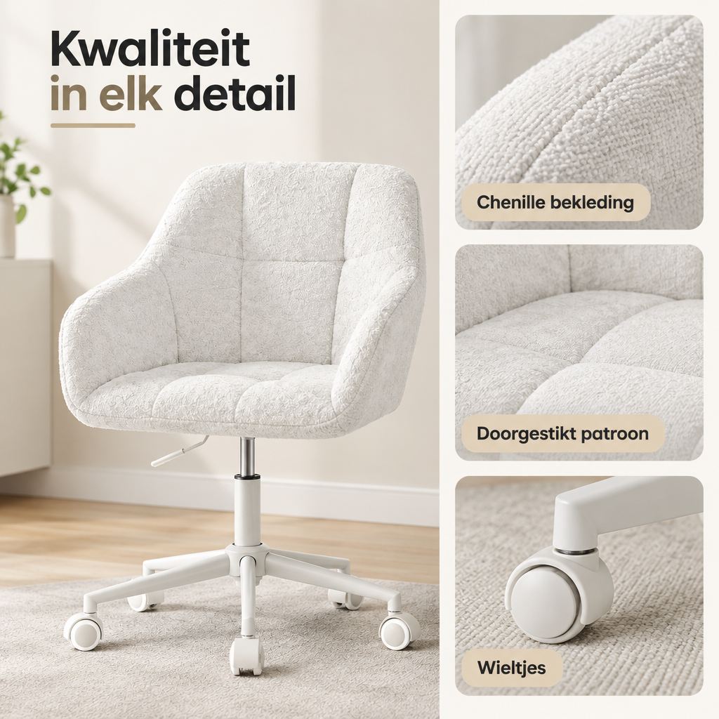 Detail van materiaal en afwerking van witte bureaustoel