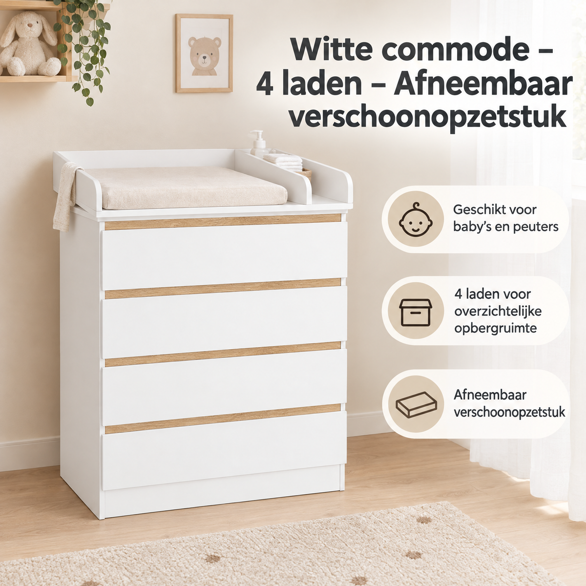 Witte BukkitBow commode met vier laden en afneembaar verschoonopzetstuk, praktische opbergoplossing voor slaapkamers