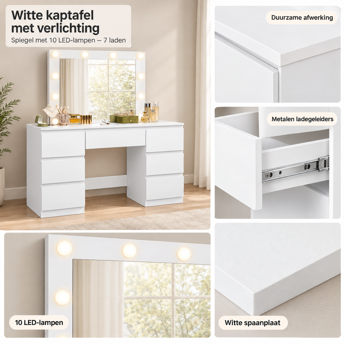 Detail van materiaal en afwerking van witte kaptafel met verlichting