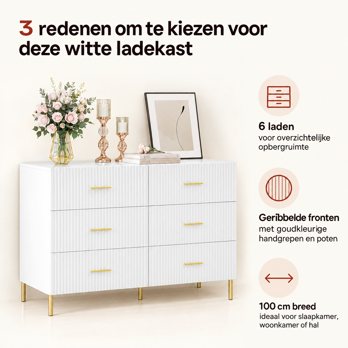 Witte BukkitBow ladekast met 6 laden en goudkleurige details, breedte van 100 cm, elegant en functioneel meubelstuk