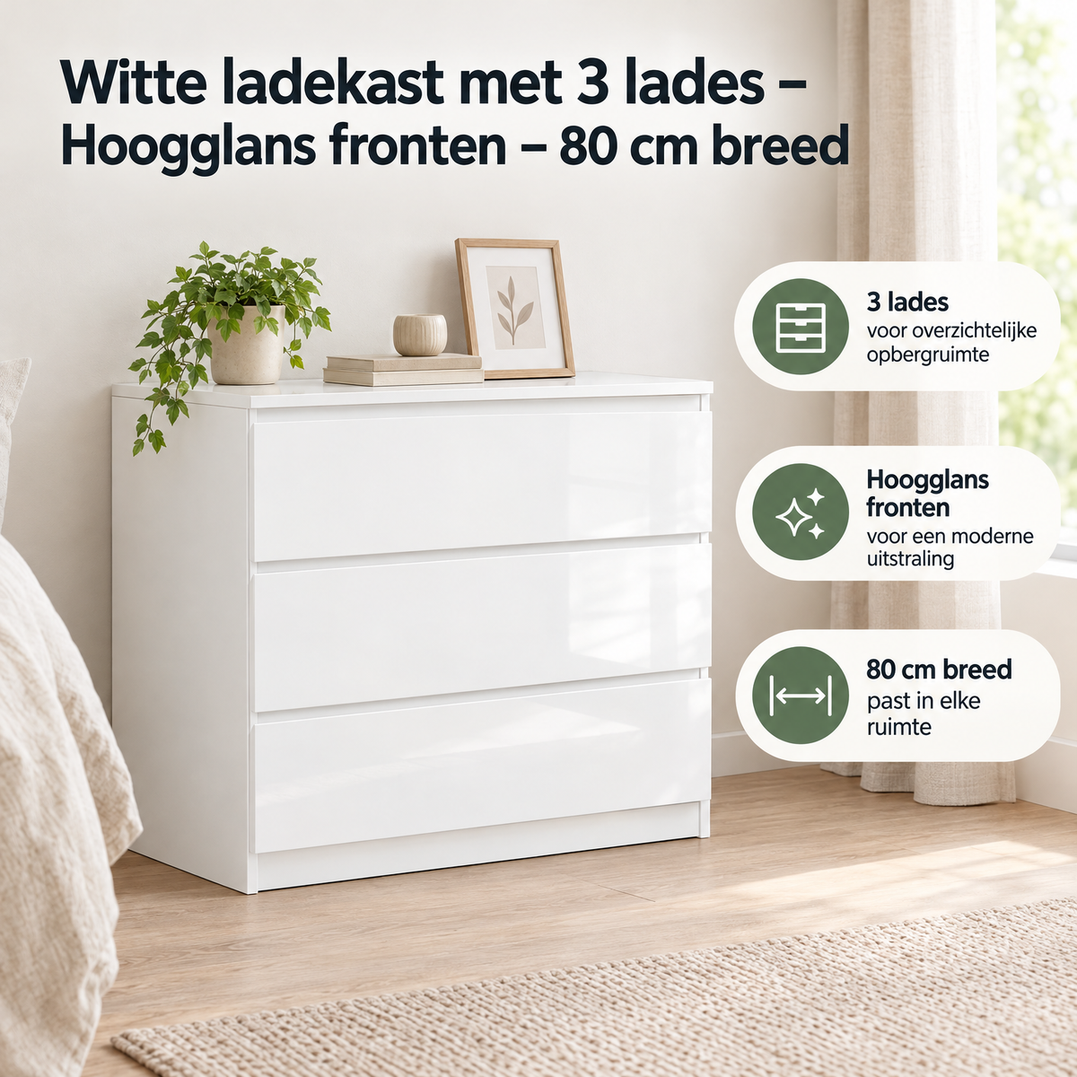 Witte BukkitBow ladekast met 3 lades en hoogglans fronten, 80 cm breed, geschikt voor modern interieur.