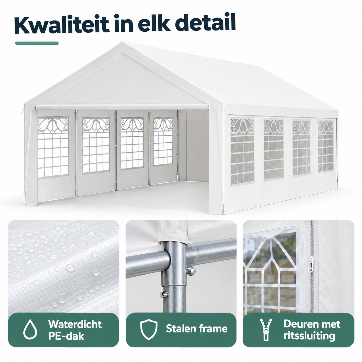 Detail van materiaal en afwerking van witte partytent met zijwanden
