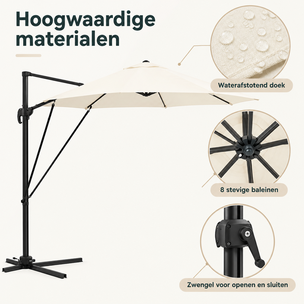 Detail van materiaal en afwerking van zweefparasol 3 meter