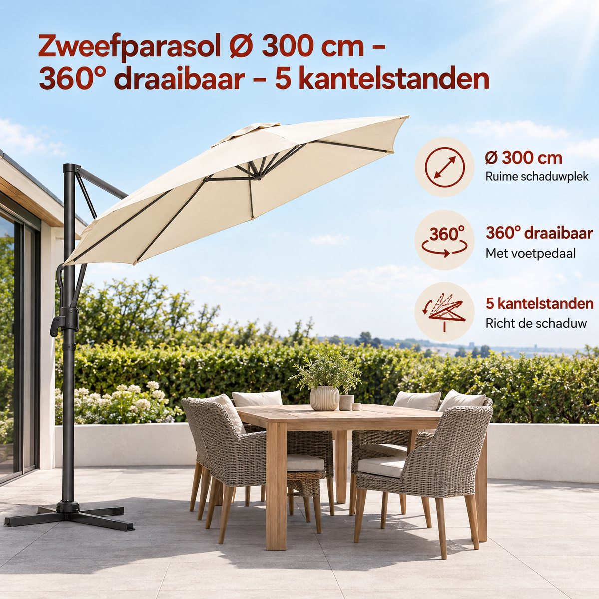 Zweefparasol van BukkitBow, Ø 300 cm, 360° draaibaar en met 5 kantelstanden voor schaduw en comfort.