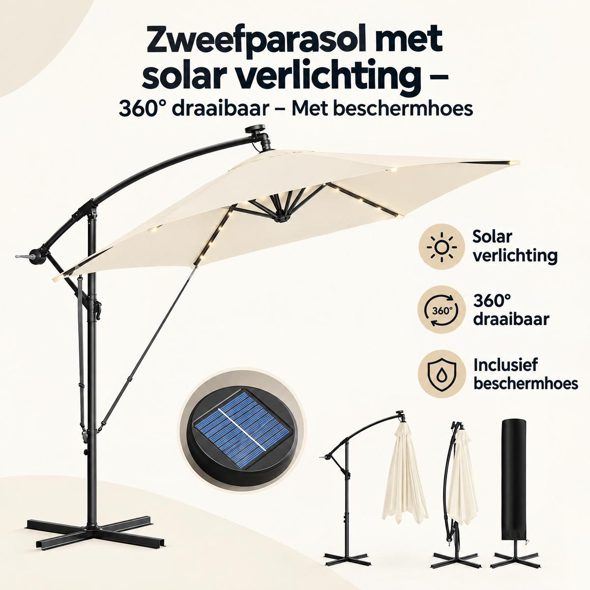 BukkitBow zweefparasol met solar verlichting en 360° draaibare functie, inclusief beschermhoes, overzicht van kernvoordelen