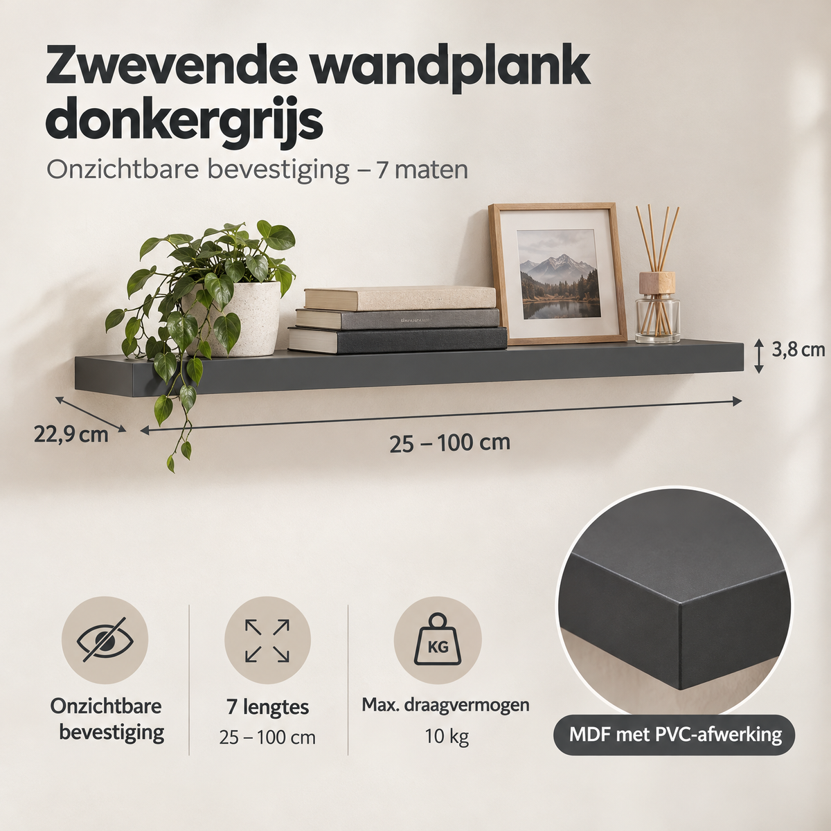 Afmetingen en productspecificaties van zwevende wandplank donkergrijs