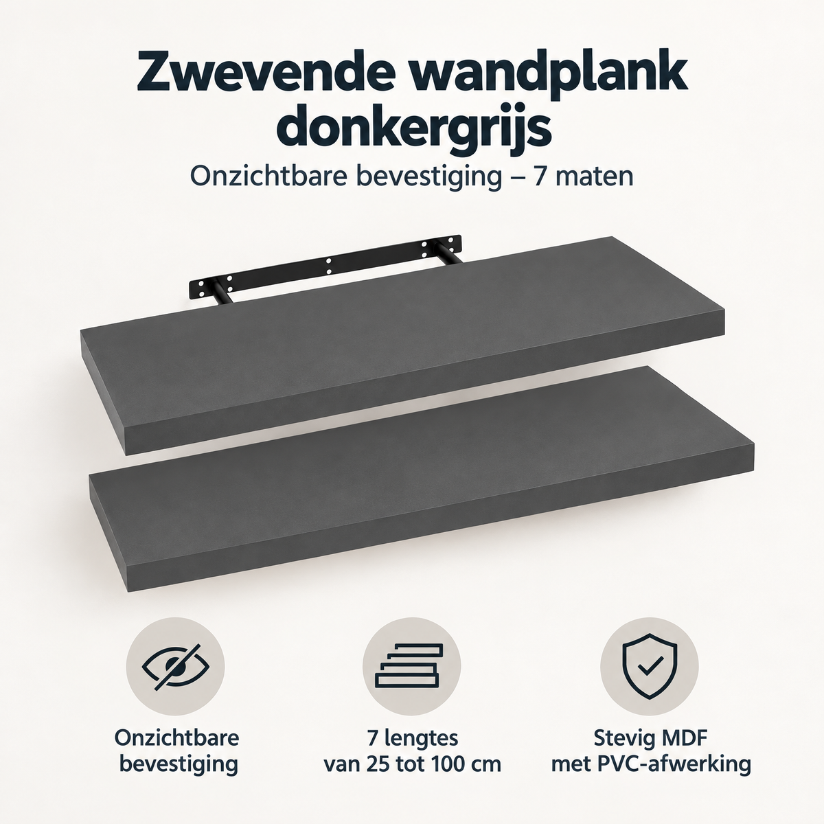 Overzicht van zwevende wandplank donkergrijs met de belangrijkste productvoordelen