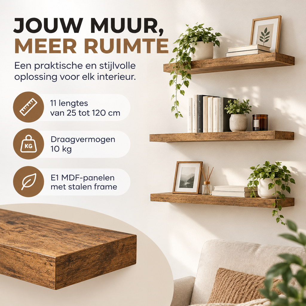 Rustieke houten zwevende wandplank van BukkitBow, verborgen montage, 25-120 cm, ideaal voor praktische opbergruimte.