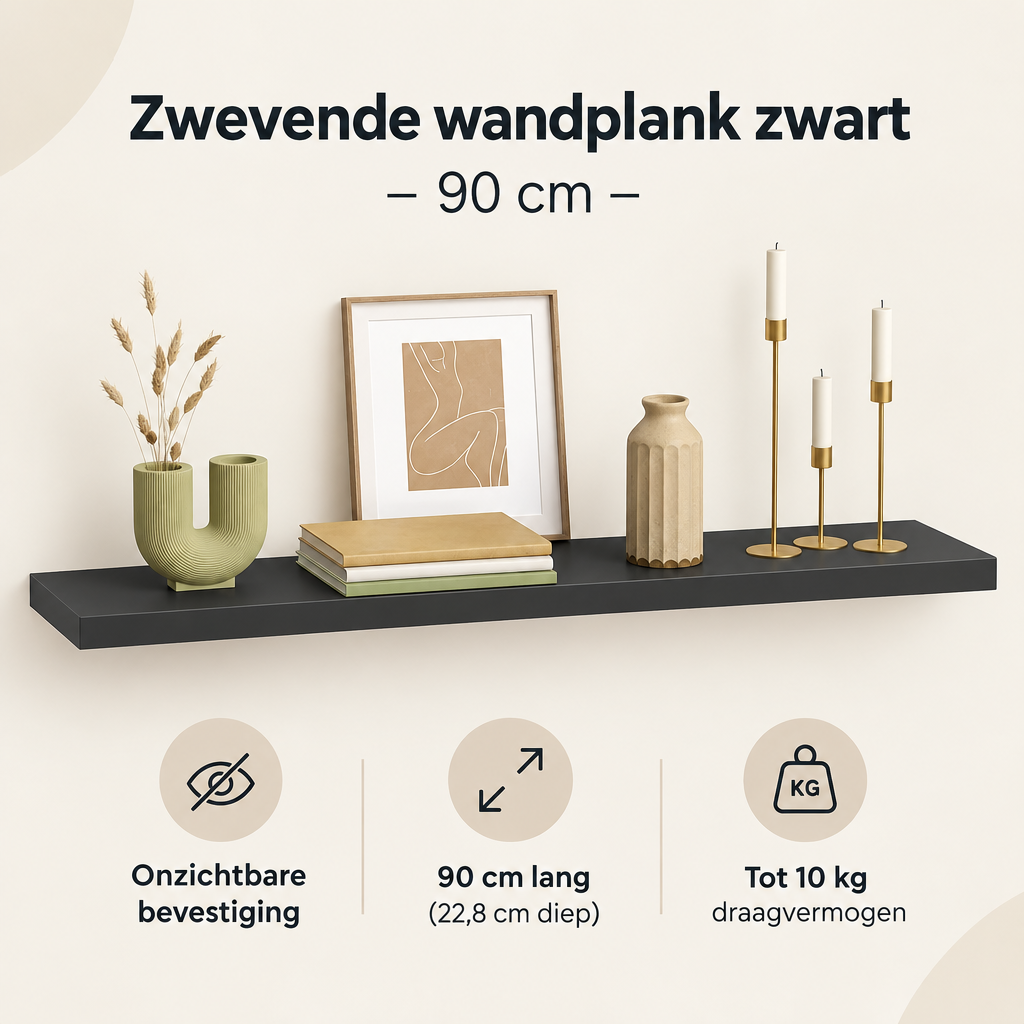 Overzicht van zwevende wandplank zwart met de belangrijkste productvoordelen