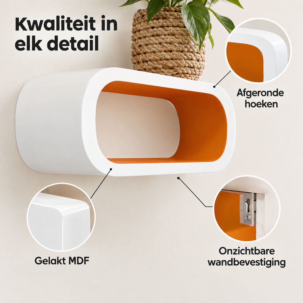 Detail van materiaal en afwerking van zwevende wandplanken