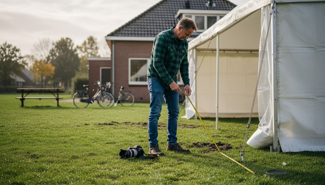 Man bekijkt de locatie bij de feesttent op het grasveld