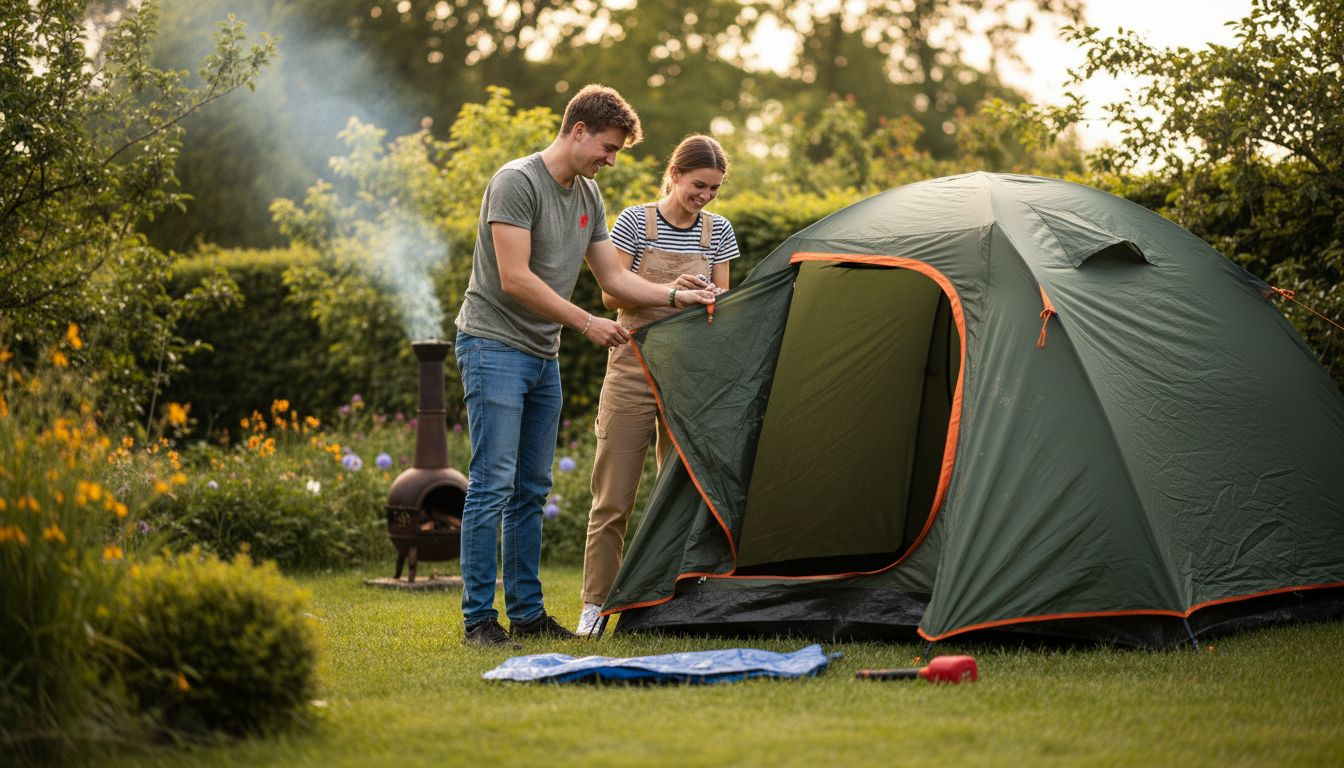 Een stel zet een stevige tent op in hun achtertuin.