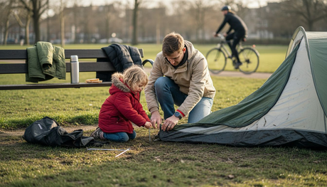 Samen zetten vader en dochter een pop-up tent op