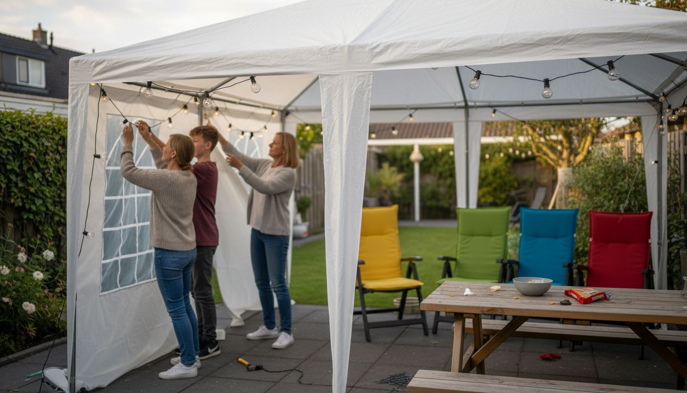 Een gezin maakt de partytent buiten klaar door allerlei handige accessoires te plaatsen.