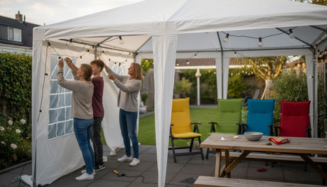 Een gezin maakt de partytent buiten klaar door allerlei handige accessoires te plaatsen.