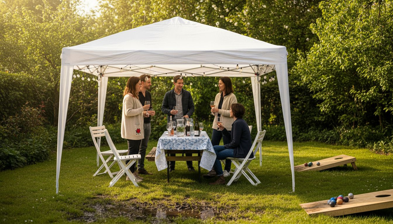 Een gezellige groep mensen geniet samen van een tuinfeest onder een handige partytent.