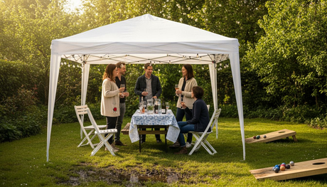 Een gezellige groep mensen geniet samen van een tuinfeest onder een handige partytent.