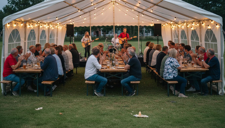 Gezellige avondsfeer in een grote feesttent vol mensen