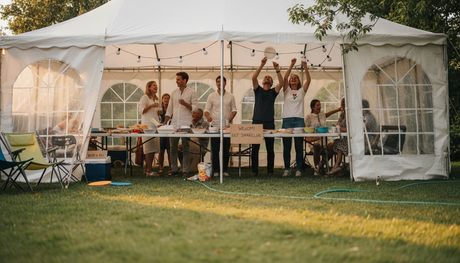 Gezellige tuinborrel in een partytent met zijwanden, omringd door vrienden en familie.