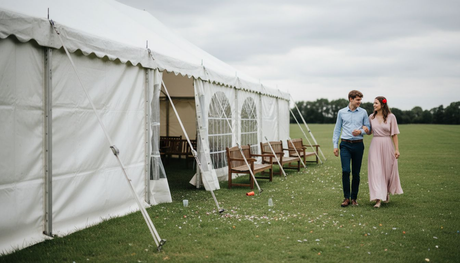 Een sfeervolle bruiloft in een feestelijke tent op een grasveld in de buitenlucht.