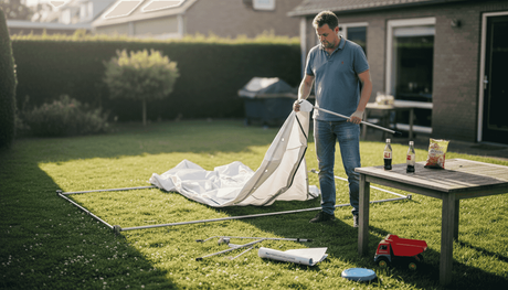 Man zet in no-time een partytent op in zijn achtertuin