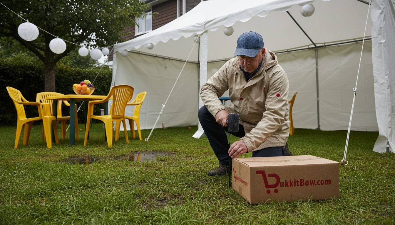 Man zet stevige, waterdichte partytent in de tuin voor feest